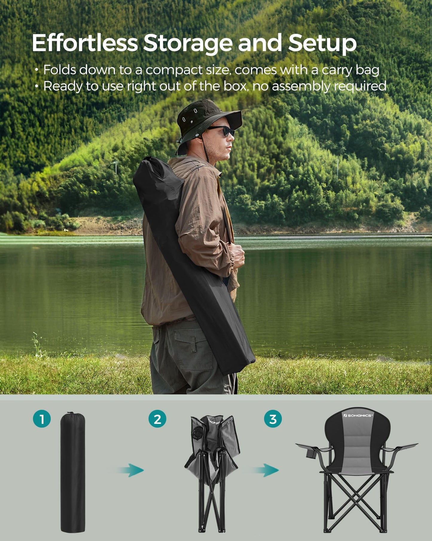 SONGMICS Folding Camping Chair, with Comfortable Sponge Seat, Cup Holder, Heavy Duty Structure, Max Load Capacity 551 lb, Outdoor Picnic Chair, Gray and Black UGCB006G01