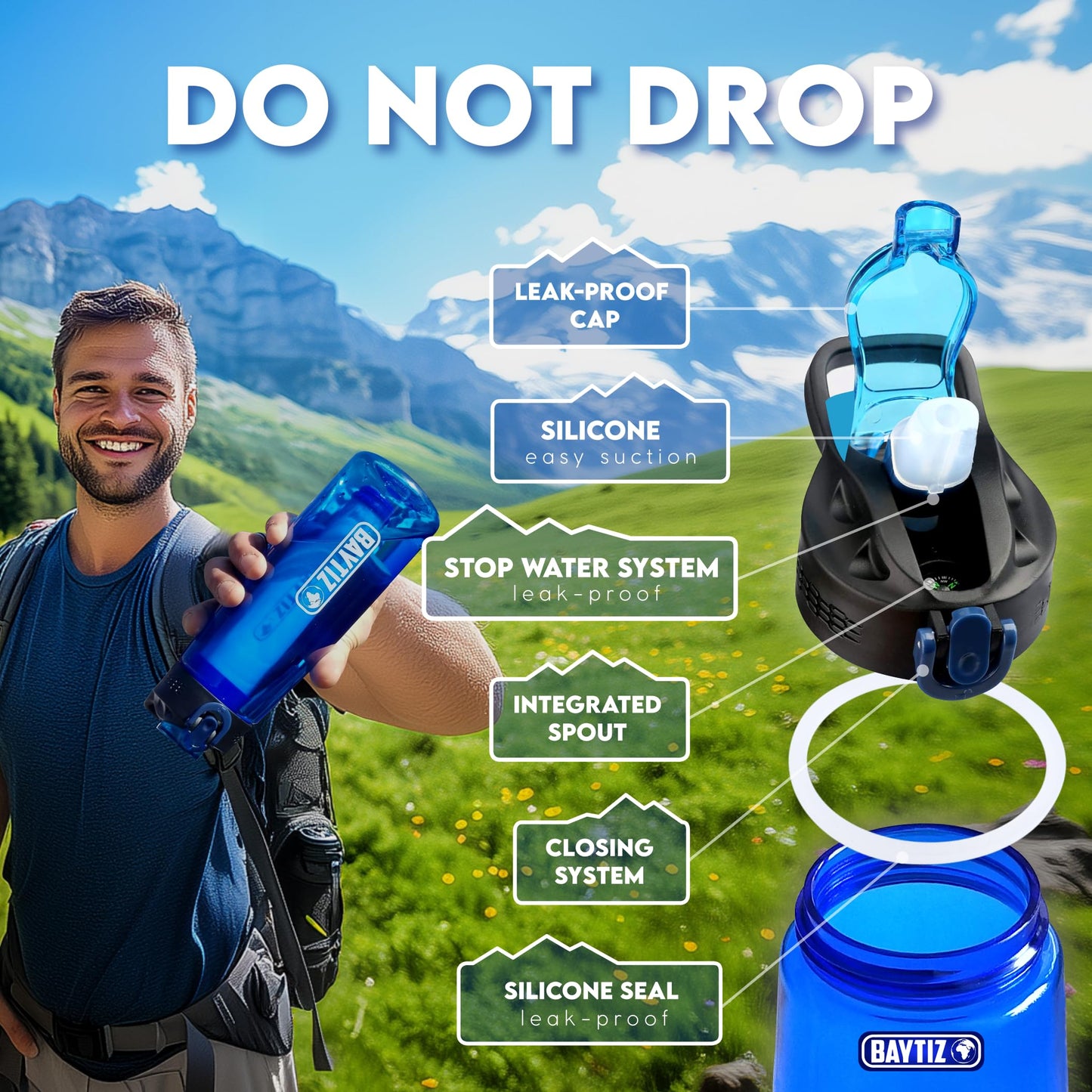 Water Filter Bottle + Purifier Straw - Cartridge with Charcoal Activated Reusable for