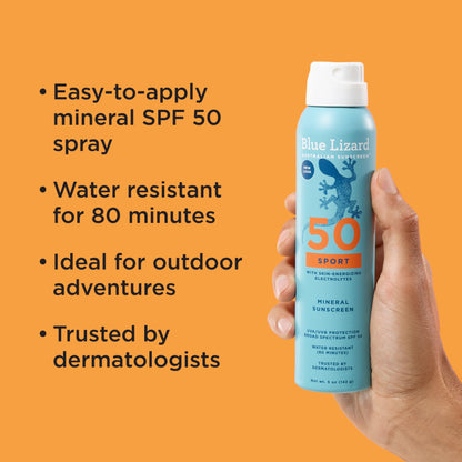 BLUE LIZARD Sport Mineral Sunscreen Spray SPF 50+, Dermatologist-Recommended Brand, Broad-Spectrum UVA/UVB Protection, Water-Resistant, Zinc Oxide Formula, Vegan, 5 fl oz