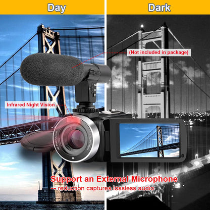 Video Camera Camcorder Full HD 1080P 30FPS 24.0 MP IR Night Vision Vlogging Camera Recorder 3.0 Inch IPS Screen 16X Zoom Camcorders Camera Remote Control with 2 Batteries
