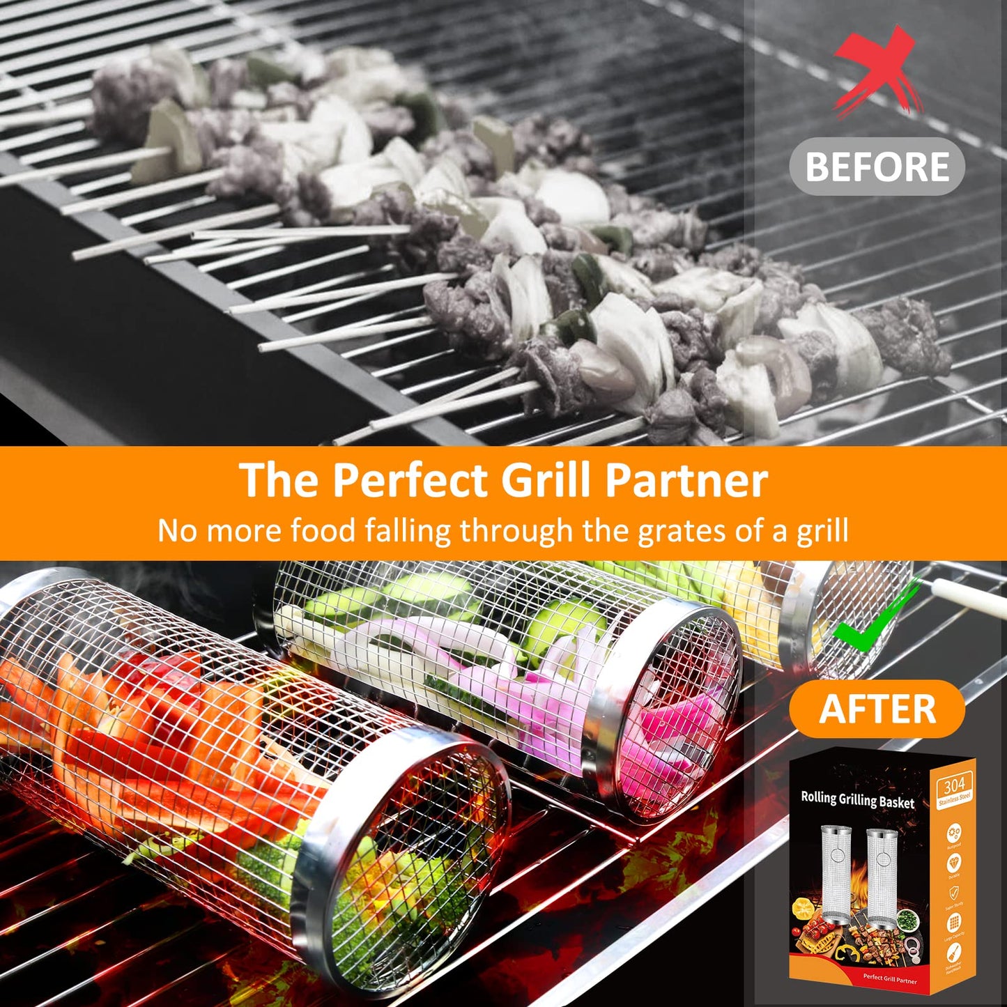 Rolling Grill Baskets (2PCS), Stainless Steel Grill Basket, Dishwasher Safe BBQ Grill Accessories Portable Grill Baskets for Outdoor Grill for Fish, Shrimp, Meat, Vegetables, Fries Outdoor Cooking Camping