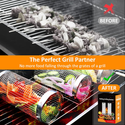 Rolling Grill Baskets (2PCS), Stainless Steel Grill Basket, Dishwasher Safe BBQ Grill Accessories Portable Grill Baskets for Outdoor Grill for Fish, Shrimp, Meat, Vegetables, Fries Outdoor Cooking Camping
