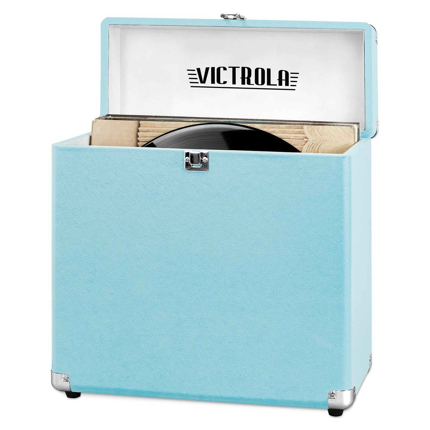 Victrola Collector – Record Storage Case – Holds 30+ Vinyl Turntable Records, Heavy-Duty Hardware, Hinges, & Smart Metal Corners, Portable with Easy-Carry Handle (Turquoise)