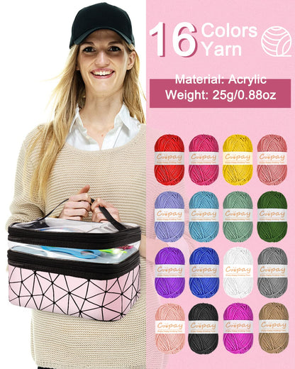 Coopay Crochet Kit for Beginners, 71PCS Crochet Starter Kit with 16 Colors Crochet Yarn & Instructions, Double-Layer Crochet Set Beginner Crochet Kit for Kids/Adults, Professional Starter Pack, Pink