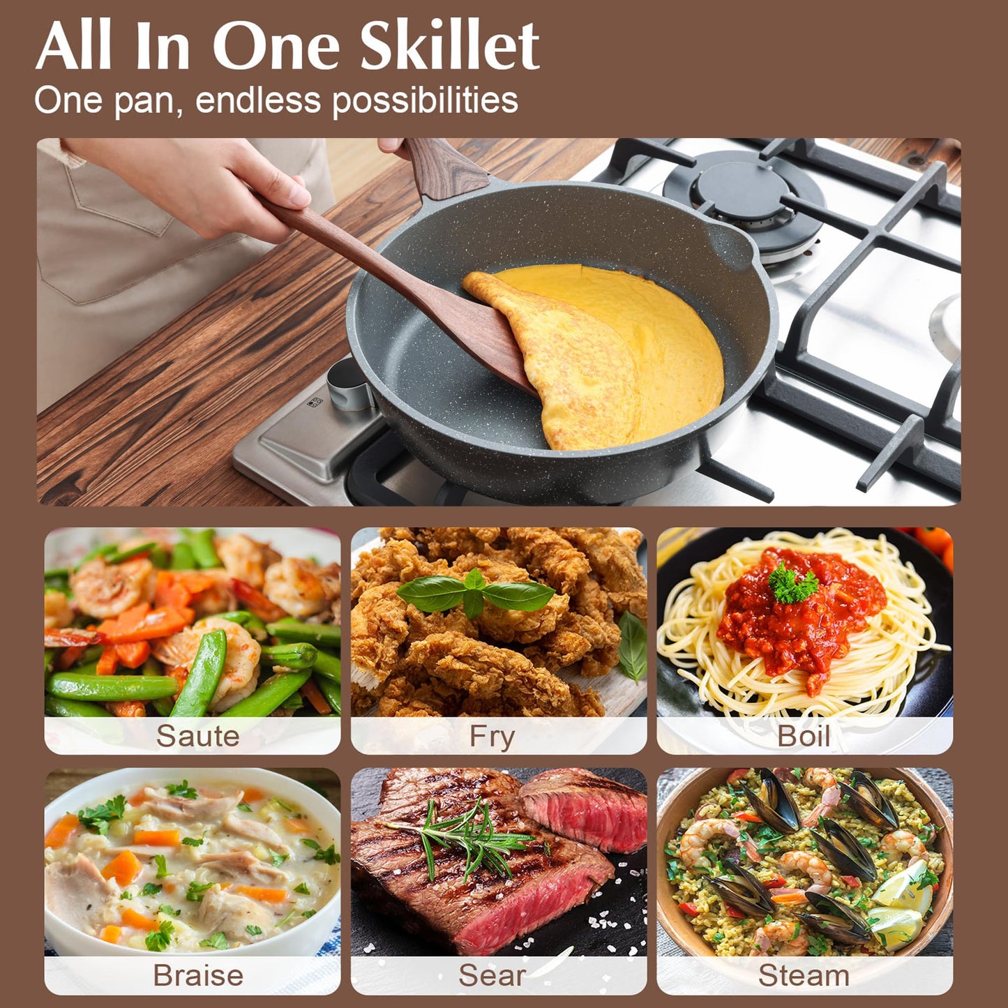 SENSARTE Nonstick Skillet, Deep Frying Pan 10/11/12-inch, Saute Pan with Lid, Stay-cool Handle, Healthy Stone Cookware Cooking Pan, Induction Compatible (10-Inch/3.5QT)