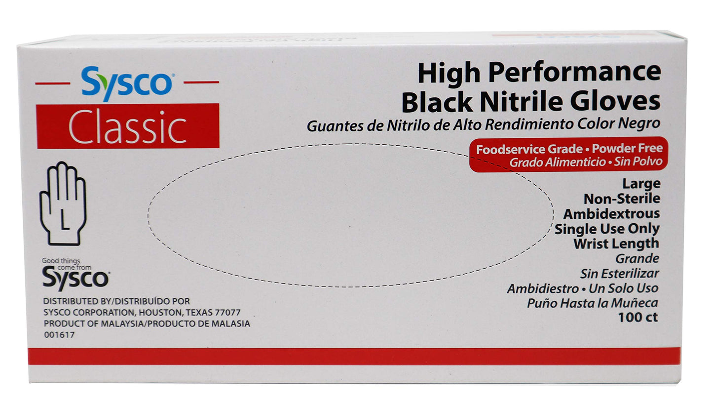 Sysco Nitrile High Performance Gloves, Powder Free, Food Grade, Disposable (100 Gloves Pack) (Large - Black)