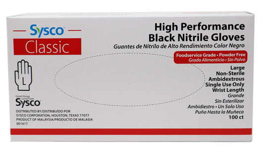 Sysco Nitrile High Performance Gloves, Powder Free, Food Grade, Disposable (100 Gloves Pack) (Large - Black)