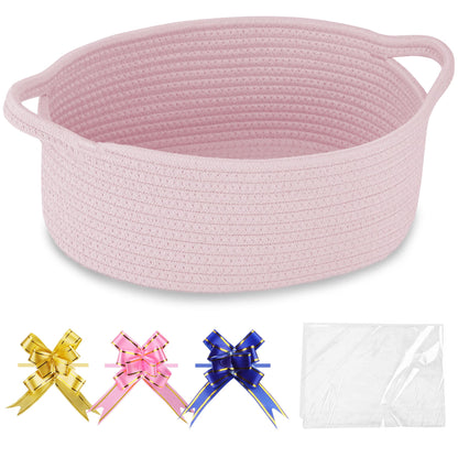 COMSE Small Woven Basket with Gift Bags and Ribbons, Gift Basket Empty, Cotton Rope Storage Organizer, Baby Toy Box with Handles, 12" x 8" x 5", Light pink