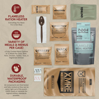 XMRE 1300XT MRE Meals 2022 Bulk | Military Grade | For Survival Kits & Hurricane Preparedness Items | Emergency Food Supplies | Food Packs w/ Flameless Ration Heater | USA Made