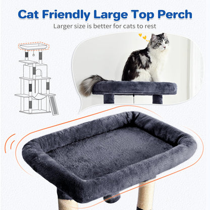 ABCPET Cat Tree Tower 63in Multi-Level Cat Tower for Indoor Cats with Sisal Scratching Posts, Condo, Hammock, Dangling Ball and Extended Platform for Cats to Play, Dark Grey