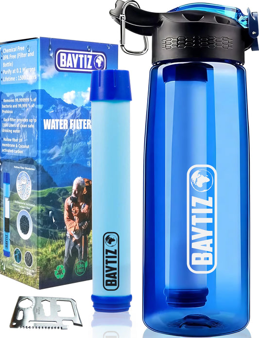 Water Filter Bottle + Purifier Straw - Cartridge with Charcoal Activated Reusable for
