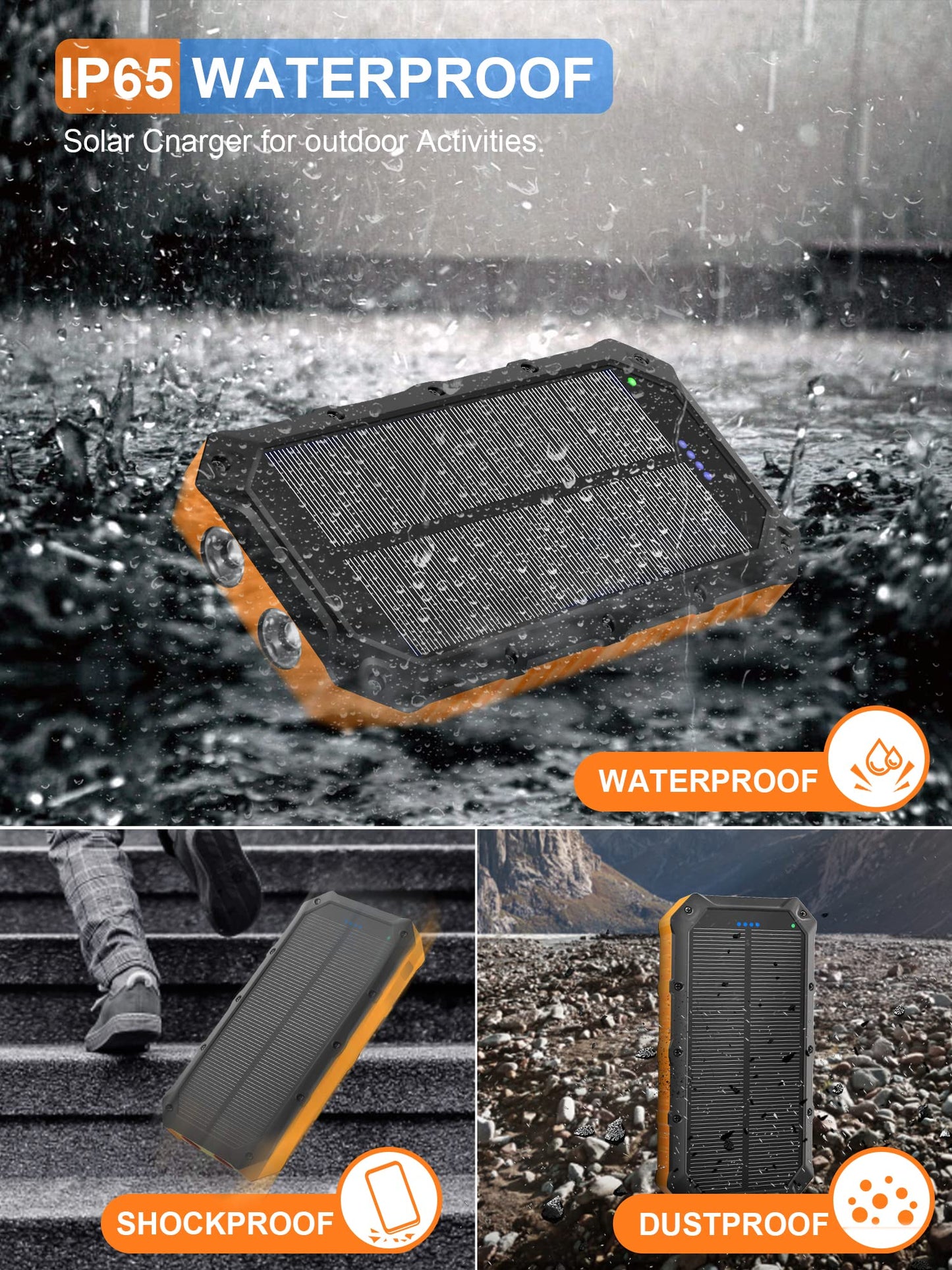 Solar-Power-Bank-Portable-Charger-42800mAh Solar Phone Charger with 4 USB Ports/LED Flashlight Fast Charge USB C External Backup Battery Pack Compatible with iPhone Tablet, for Outdoor, Camping