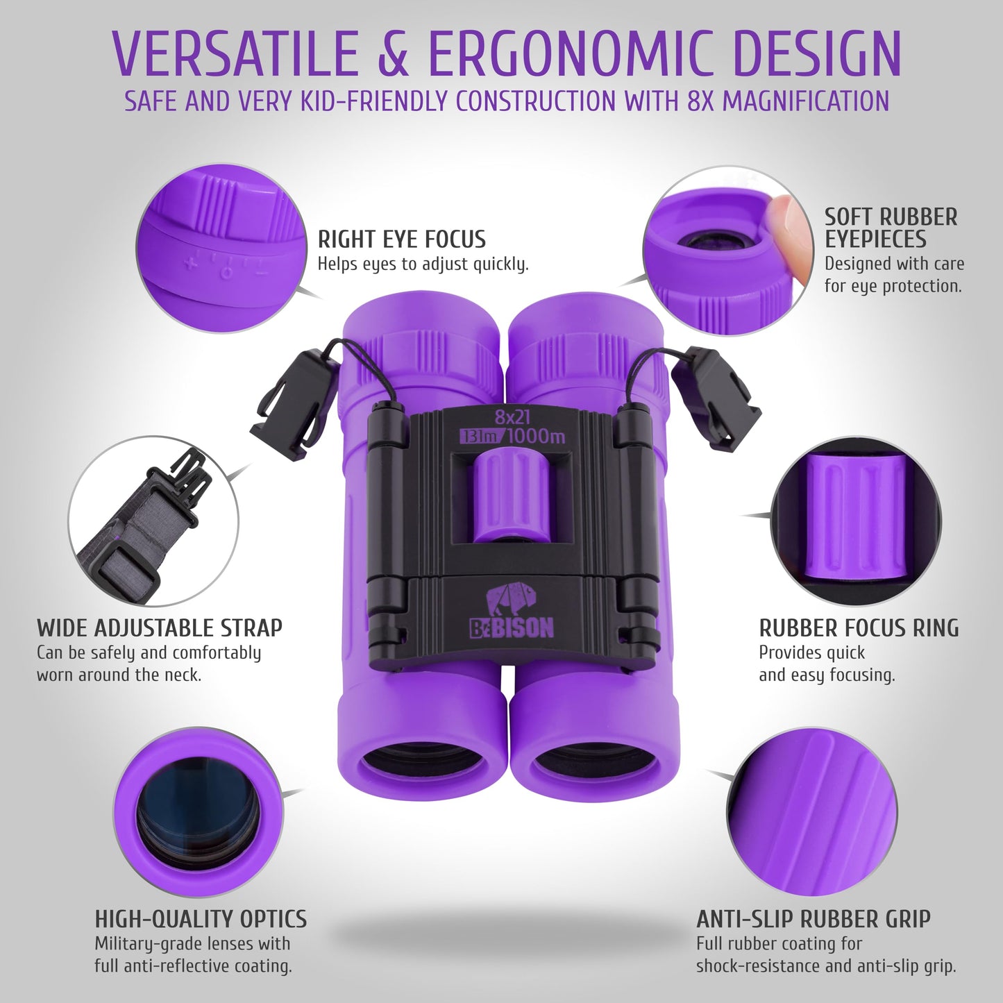 BeBison Binoculars for Kids and Adults - 8x21 High Resolution Real Optics - Compact Folding Shockproof Kids Binoculars for Bird Watching - Spy Games - Outdoor Play for Boys and Girls