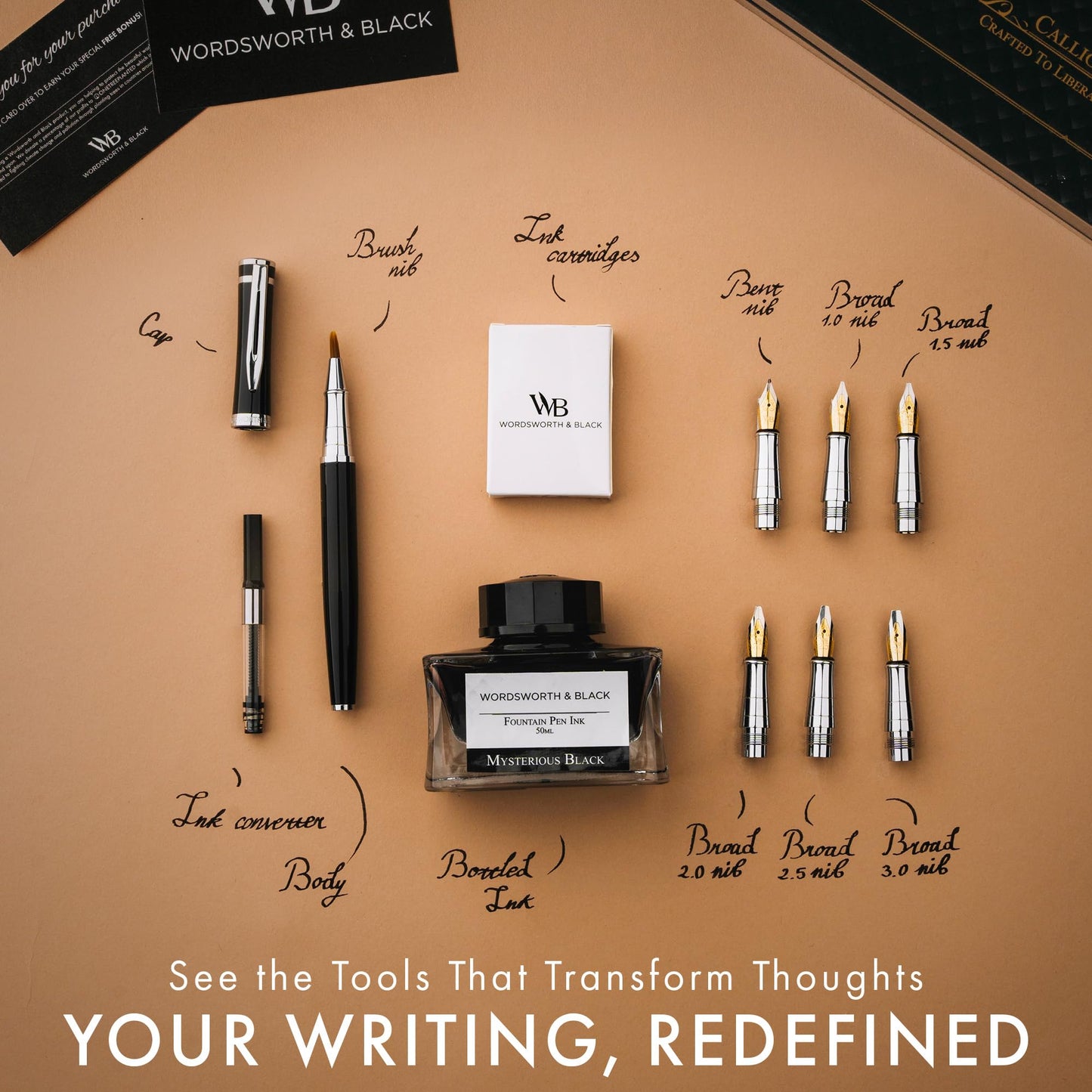 Wordsworth & Black Calligraphy Pen Gift Set, Includes Bottle, 6 Cartridges, Refill Converter, 6 Replacement Nibs, Premium Package, Journaling, Smooth Writing Pens [Black Chrome]
