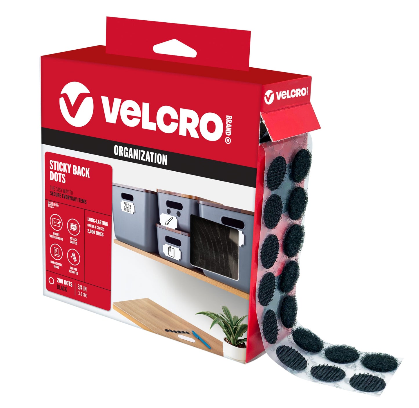 VELCRO Brand Dots with Adhesive Black | 200 Pk | 3/4" Circles | Sticky Back Round Hook and Loop Closures for Organizing, Arts and Crafts, School Projects