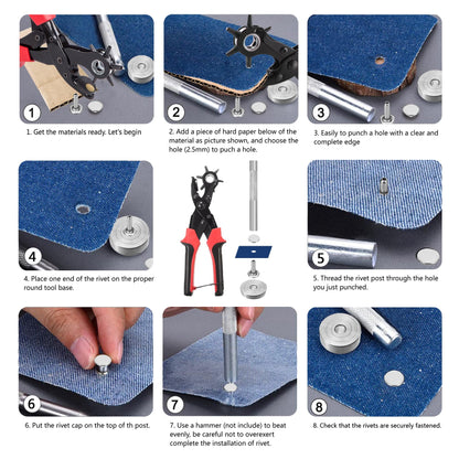 Belt Hole Puncher with 240 Sets of Leather Rivets - Updated Hole Sizes Puncher for Belt, Watch Band, Strap, Dog Collar, Saddle, Shoes, Fabric, DIY Home or Craft Project