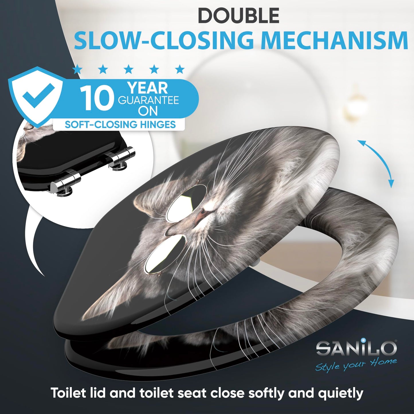Sanilo Soft Close Toilet Seat ELONGATED, Quiet and Slow Close Lid and Seat, Strong Bumpers and Hinges (Cool Cat)