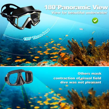 Snorkel Set Pano 3 Adult Snorkeling Gear, Professional Anti-Fog Snorkel Mask Dry Top Snorkel, Tempered Glass Scuba Diving Mask for Freediving, Snorkeling and Swimming(Black Set)