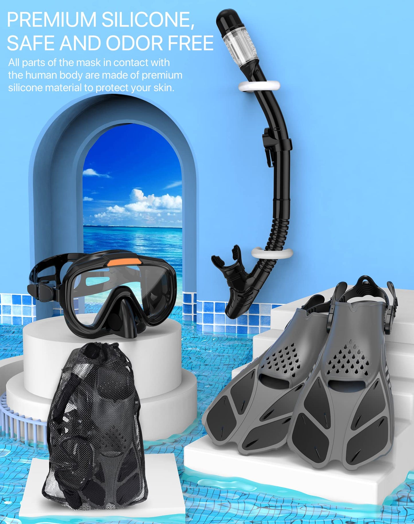 Ubekezele Snorkeling Gear for Adults Men Women,4 in 1 Snorkel Set with Panoramic View Diving Mask Anti-Fog Anti-Leak,Dry Top Snorkel,Fins and Travel Bag for Swimming,Snorkeling and Travel Diving