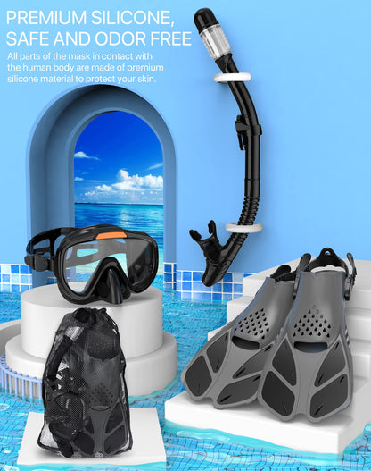 Ubekezele Snorkeling Gear for Adults Men Women,4 in 1 Snorkel Set with Panoramic View Diving Mask Anti-Fog Anti-Leak,Dry Top Snorkel,Fins and Travel Bag for Swimming,Snorkeling and Travel Diving