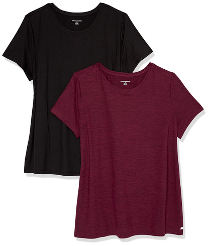 Amazon Essentials Women's Active Quick Dry Tech Stretch Short-Sleeve Crewneck T-Shirt (Available in Plus Size), Pack of 2, Black/Burgundy Space Dye, Medium