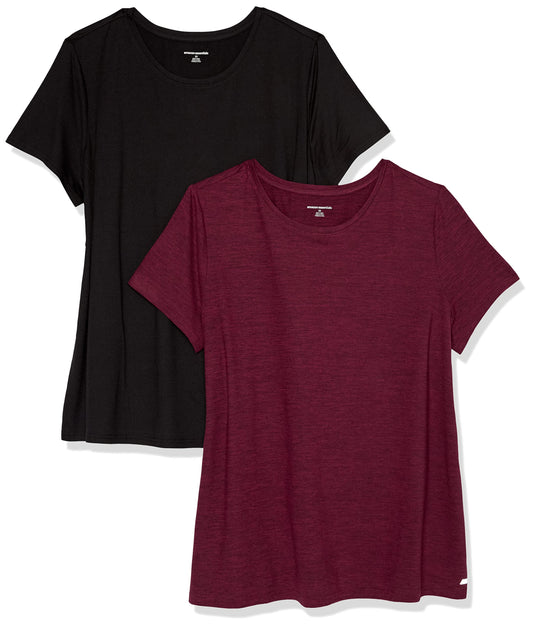 Amazon Essentials Women's Active Quick Dry Tech Stretch Short-Sleeve Crewneck T-Shirt (Available in Plus Size), Pack of 2, Black/Burgundy Space Dye, Medium