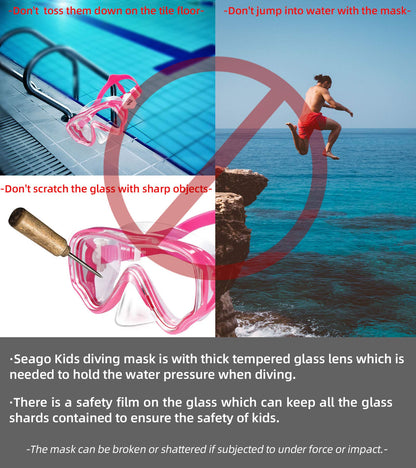 Seago Kids Swimming Mask Swim Diving Scuba Mask Snorkel Gear for Boys Girls Youth, Anti-Fog 180° Panoramic View Soft Silicone Skirt Kids Pool Underwater Swim Goggles with Nose Cover, Snorkel Equipment