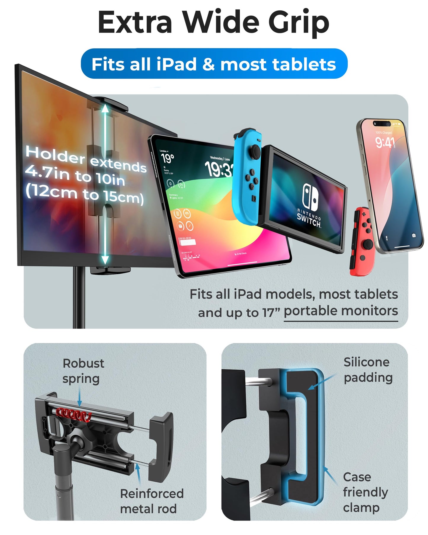 COOPER TabStand Height Adjustable iPad Stand for Desk, Heavy-Duty 7-17" Tablet Holder & Portable Monitor Stand | 4.4lb Holding Strength | iPad Holder for Pro, Air, Mini, Kindle (Night Black)