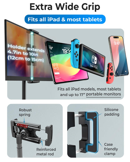 COOPER TabStand Height Adjustable iPad Stand for Desk, Heavy-Duty 7-17" Tablet Holder & Portable Monitor Stand | 4.4lb Holding Strength | iPad Holder for Pro, Air, Mini, Kindle (Night Black)