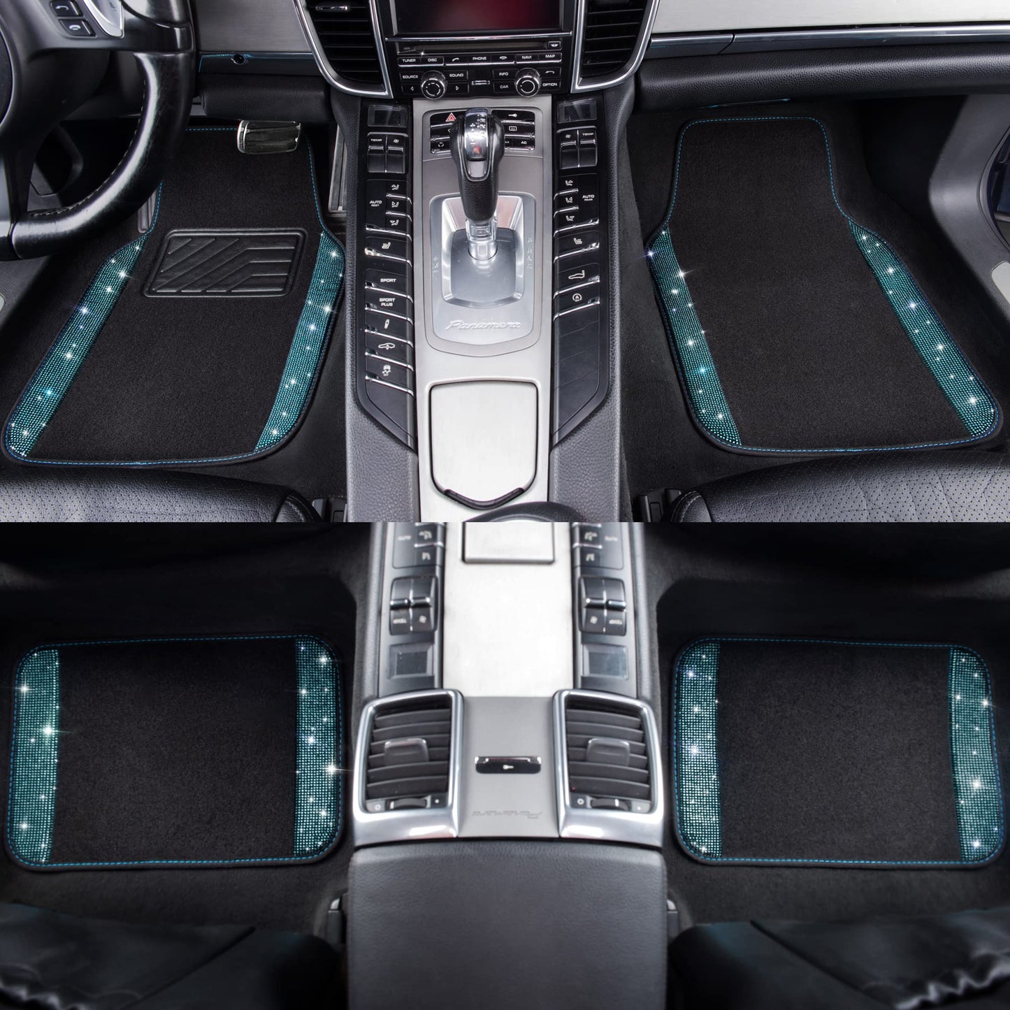 CAR PASS Bling Rhinestones Diamond Waterproof Car Floor Mat, Crystal Sparkly Shining Glitter Carpet, Anti-Slip PVC Heel Pad Universal for Interior Auto SUV,Sedan,Van,4pcs Girly Women Mint Teal Diamond