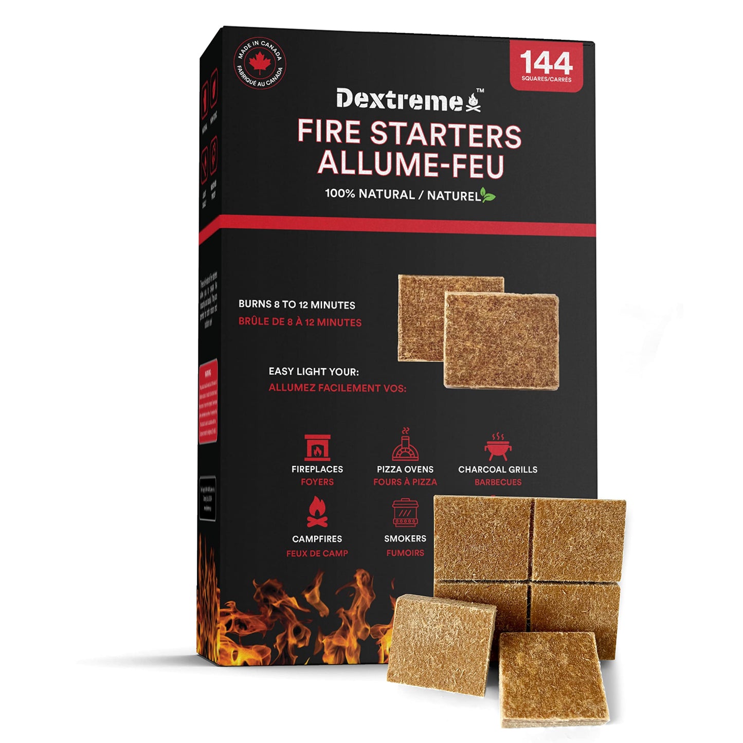 Dextreme Fire Starter Pack of 144/48 Natural Fire Starters Cubes for Campfires, Charcoal, BBQ, Grill Pit, Fireplace, Wood Stoves, Smokers and Camping - Easy to Ignite and Non Toxic… (144 Squares)