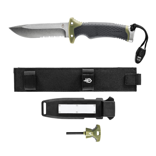 Gerber Gear Ultimate Survival Knife, Fixed Blade Knife with Combo Edge, includes Fire Starter Edge and Ferro Rod, Whistle, Sheath with Integrated Sharpener - Bushcraft, Hunting and Camping Tool
