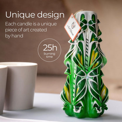 Carved Candles - Handmade Long Burning Decorative Luxury Candles - Unscented - Perfect for Home Decor, Birthdays, Romantic Occasions, Gifts for Women, Mother's Day Gift for Mom - Big Green