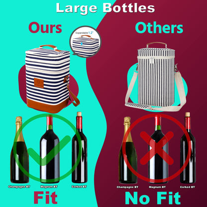 HAMILO 4 Bottle Wine Carrier - Stripe, Champagne Carrier Bag, Waterproof Wine Tote Bag with Expandable Zipper and Padded Shoulder, Insulated Wine Bag, Wine Cooler Bag, Wine Accessories Gift for Women
