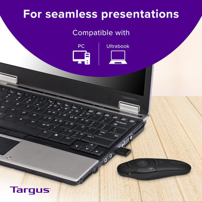 Targus Bluetooth Wireless Presentation Clicker Laser Pointer for Meetings and PowerPoint – Comes with USB Dongle, 50 Foot Range (AMP16US)