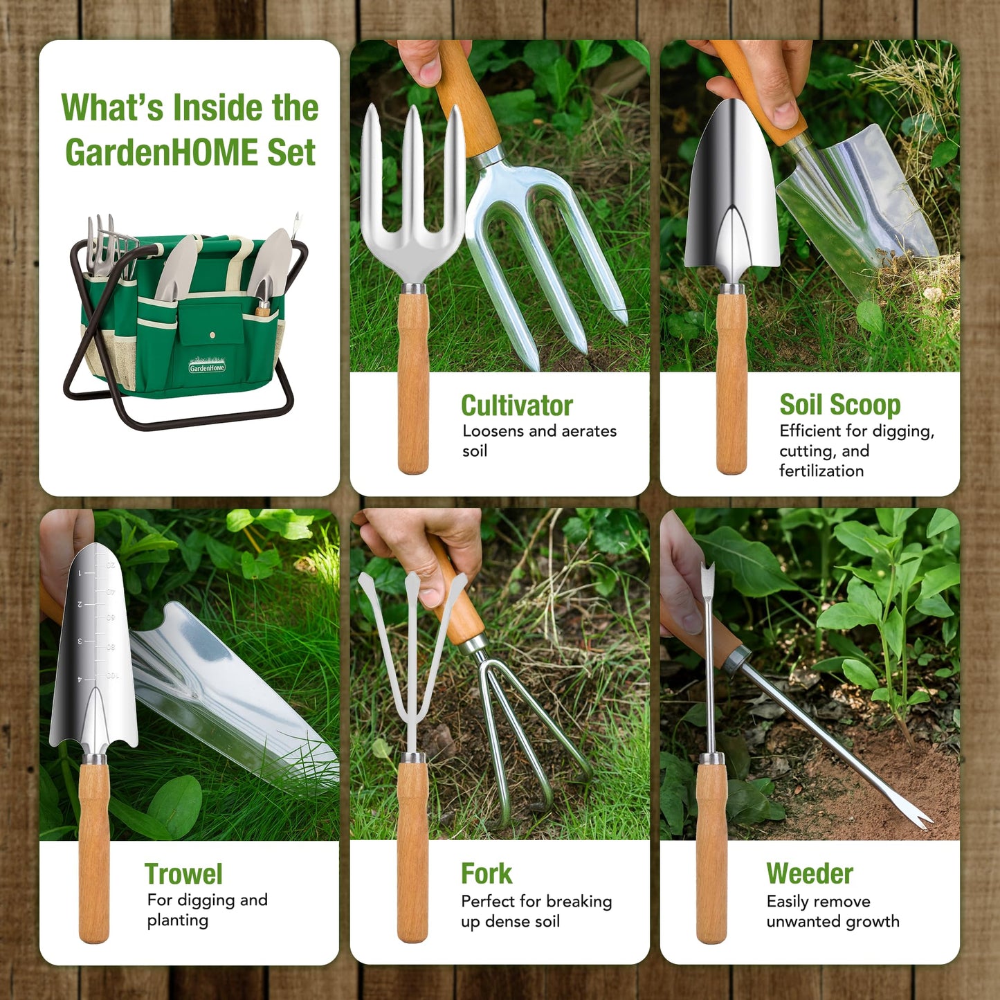 GardenHOME 7-Piece Gardening Tool Set – Stainless Steel Hand Tools with Wooden Handles, Folding Stool, and Canvas Tote Bag, Yard Maintenance Kit for Gardeners, Women, and Beginners