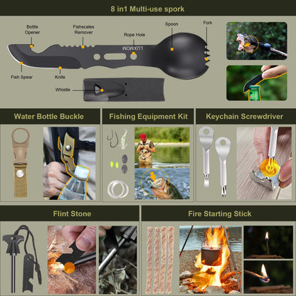 XUANLAN Emergency Survival Kit, Outdoor Survival Gear Tool with Survival Bracelet, Fire Starter, Whistle, Wood Cutter, Water Bottle Clip, Pen (29 in 1)