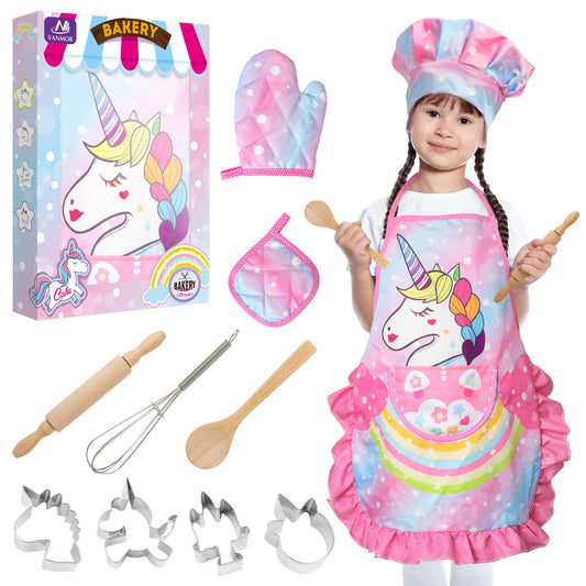 Vanmor Unicorn Kids Cooking and Baking Sets, 11Pcs Kids Aprons for Girls, Kids Chef Hat and Pink Apron, Mitt & Utensil for Toddler Dress Up Chef Costume Birthday Gifts for 3 4 5 6 7 8 Years Old Girls