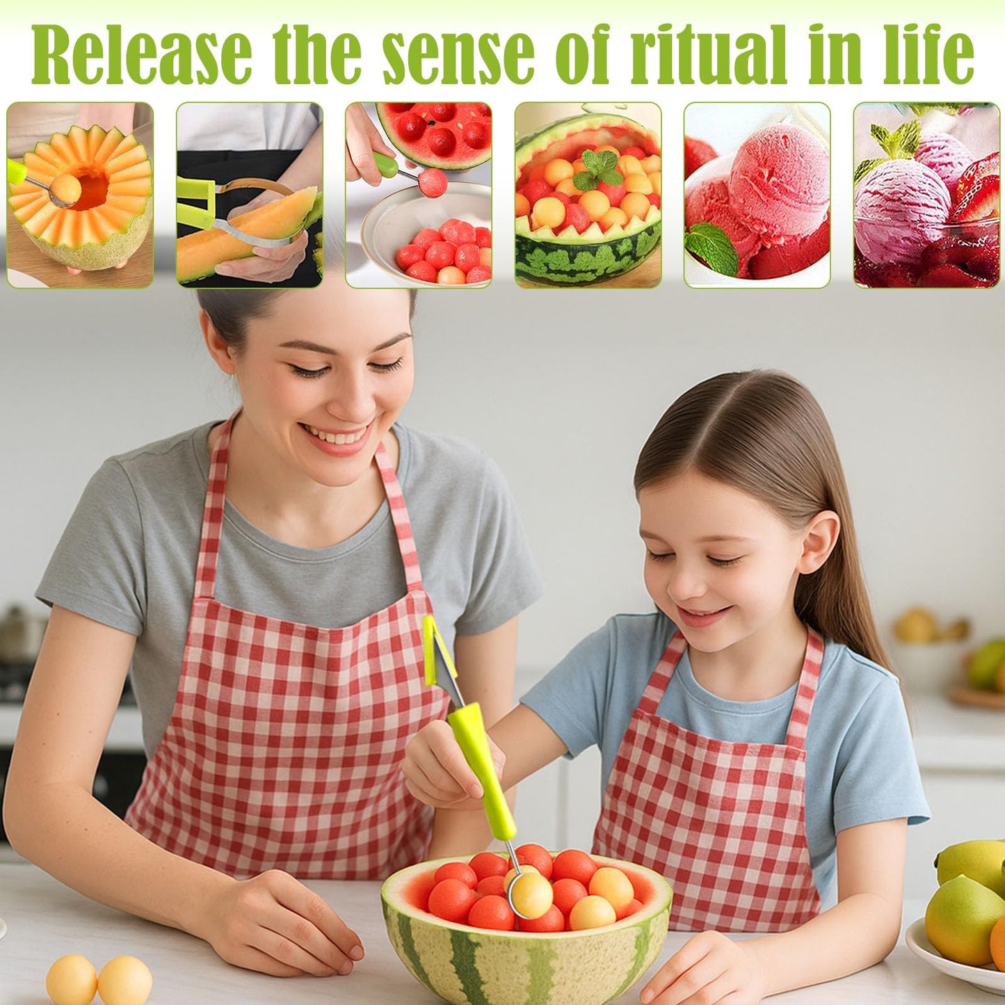 Suuker Melon Baller Scoop Set,4 In 1 fruit cutters shapes, watermelon scooper fruit scooper and baller, fruit carving tools（Green）