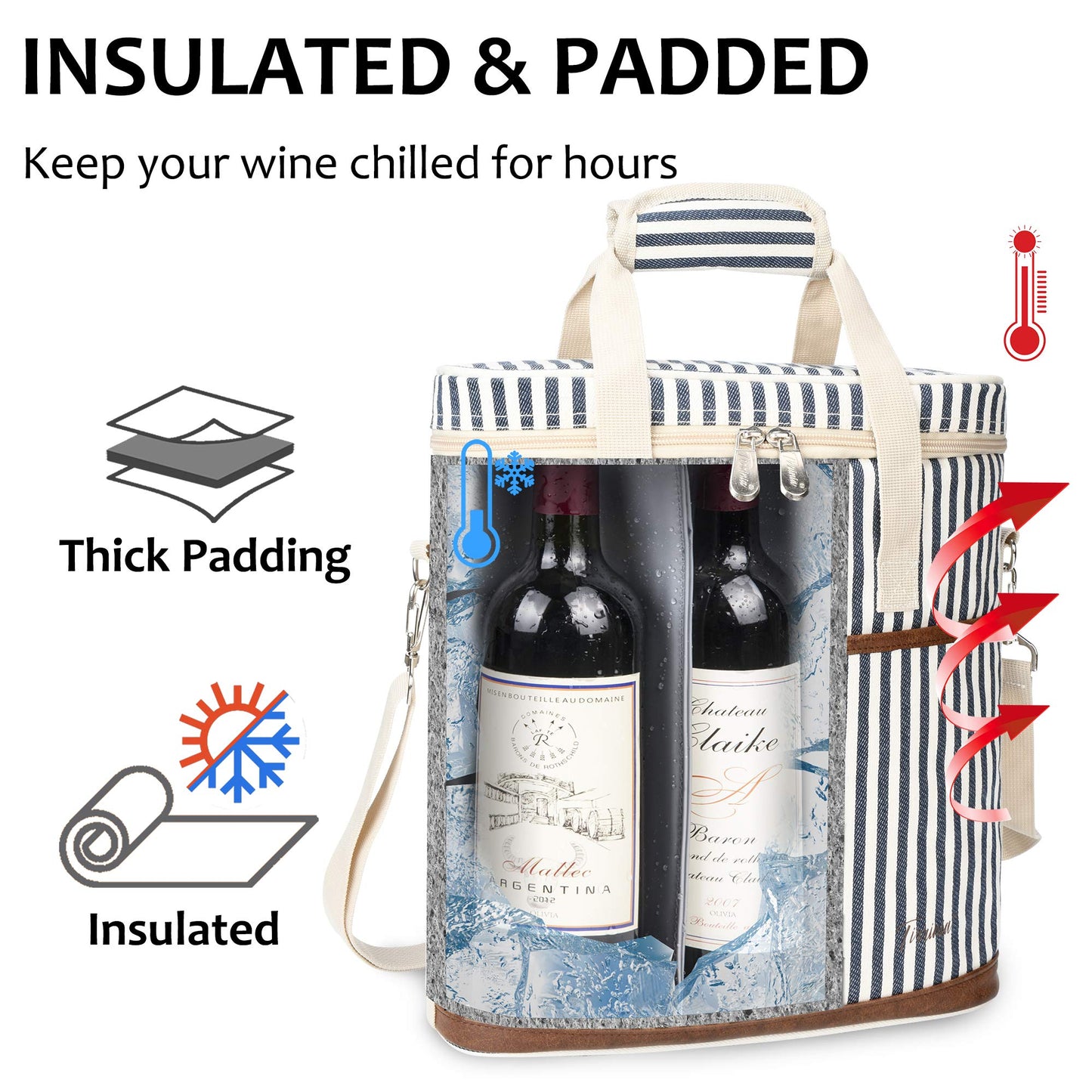 Tirrinia Insulated Wine Gift carrier - 3 Bottle Travel Padded Wine Carry Cooler Tote Bag with Handle and Adjustable Shoulder Strap, Stripe
