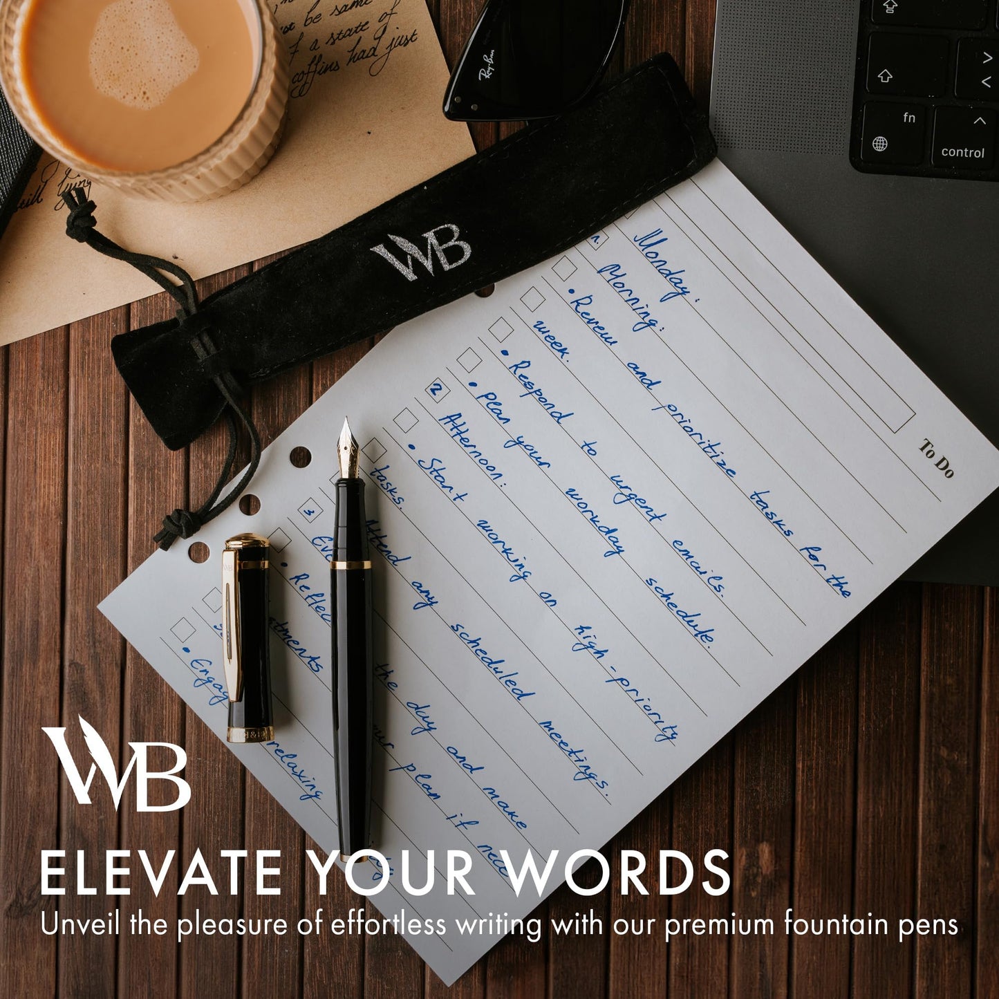 Wordsworth & Black Fountain Pen Set, 18K Gilded Medium Nib, Includes 24 Pack Ink Cartridges, Ink Refill Converter & Gift Pouch, Gold Finish, Calligraphy, [Black Gold], Perfect for Men & Women