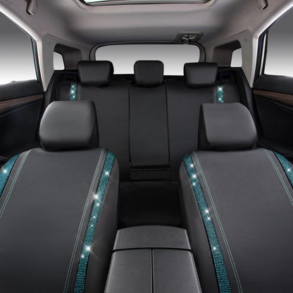 CAR PASS Bling Car Seat Covers Full Set, Shining Rhinestone Diamond Waterproof Faux Leather Universal Fit 95% Automotive Glitter Crystal Sparkle Strips for Cute Women Girl, Full Set (Mint Diamond)