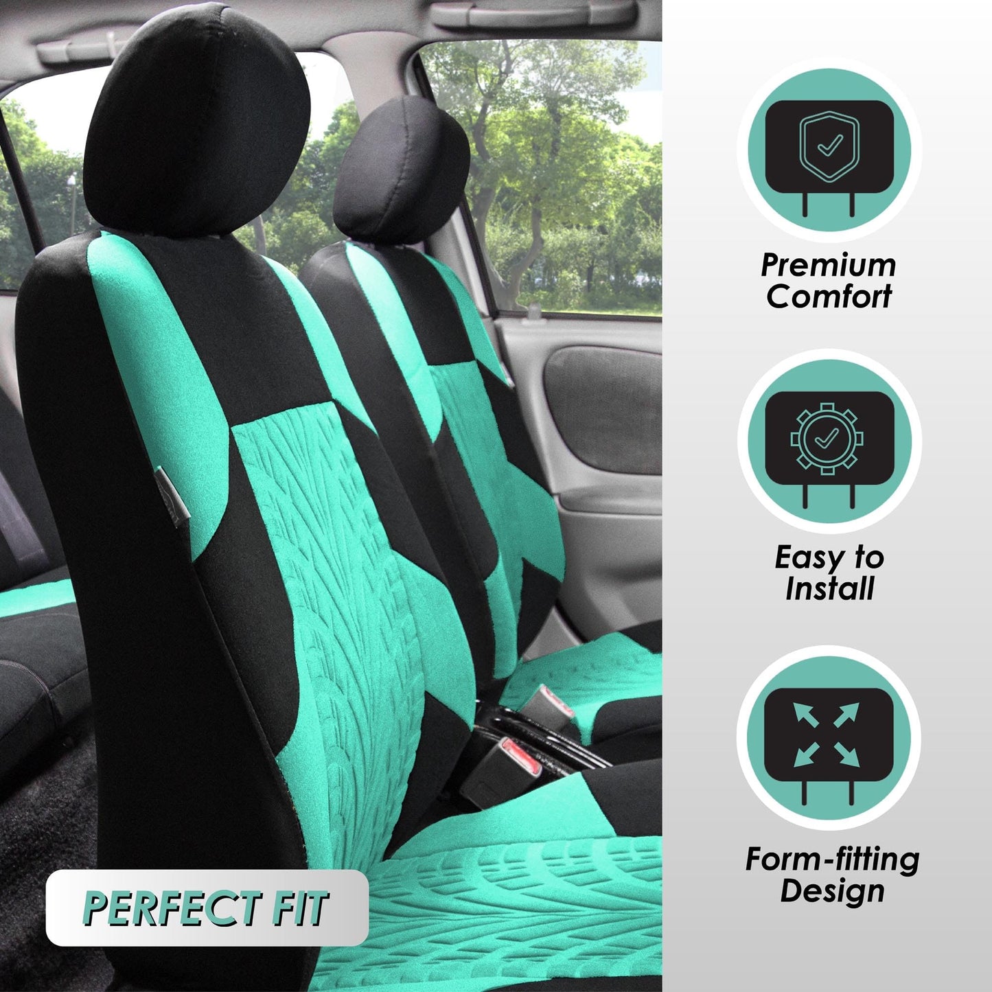 FH Group Full Set Premium Cloth Car Seat Covers - Universal Fit, Low Back Front Seat Covers, Airbag Compatible, Split Bench Rear Seat, Washable Seat Cover for SUV, Sedan, Mint