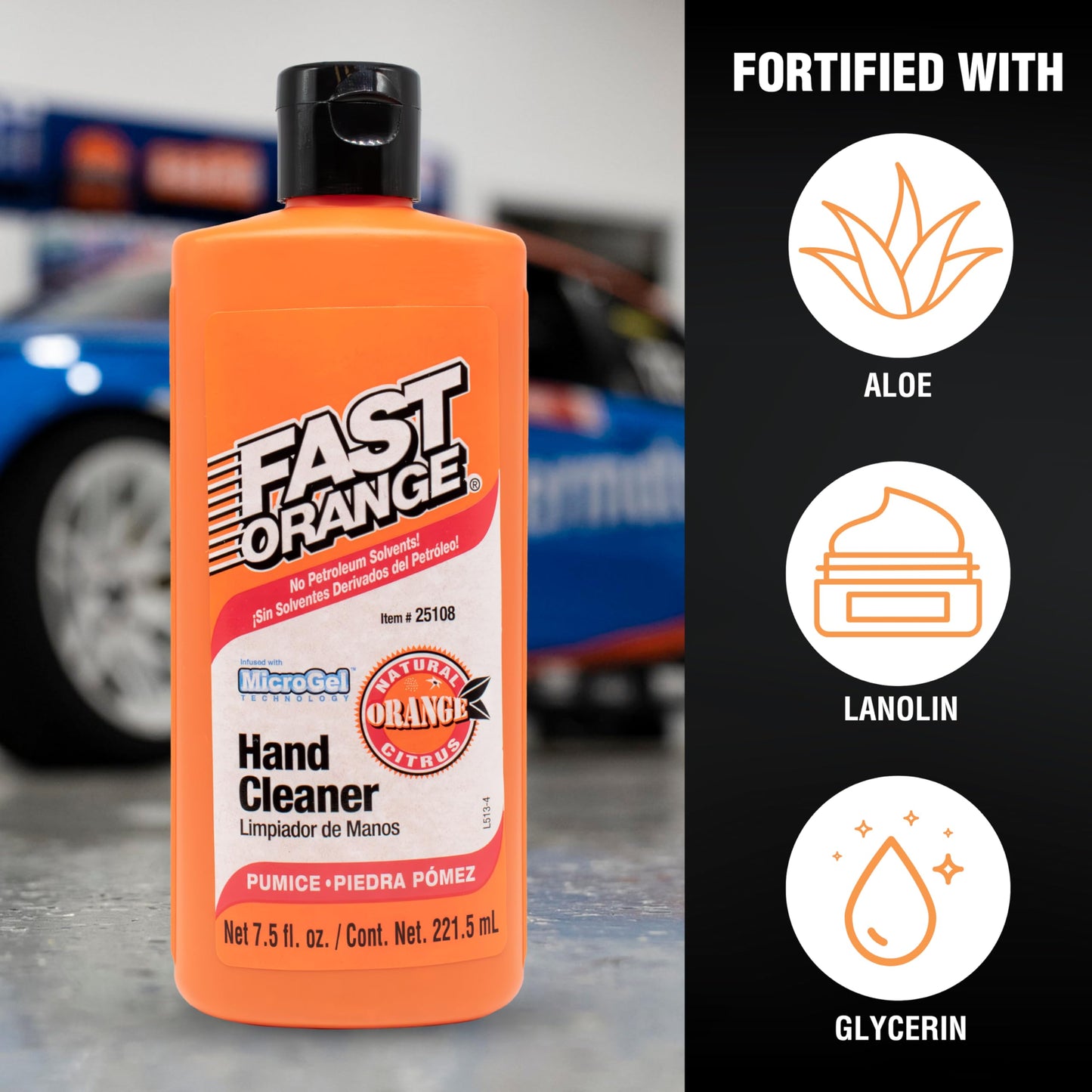Fast Orange 25108 Pumice Lotion, Heavy Duty Hand Cleaner, Natural Citrus Scent, Waterless Cleaner For Mechanics, Strong Grease Fighter, 7.5 oz
