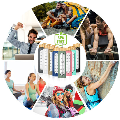 SipZest 32 oz Glass Water Bottles with Straw - Motivational Bottle with Time Marker & Silicone Sleeve - Reusable Tumbler Includes 2 Bamboo Lids & Fruit Infuser - 1 Pack