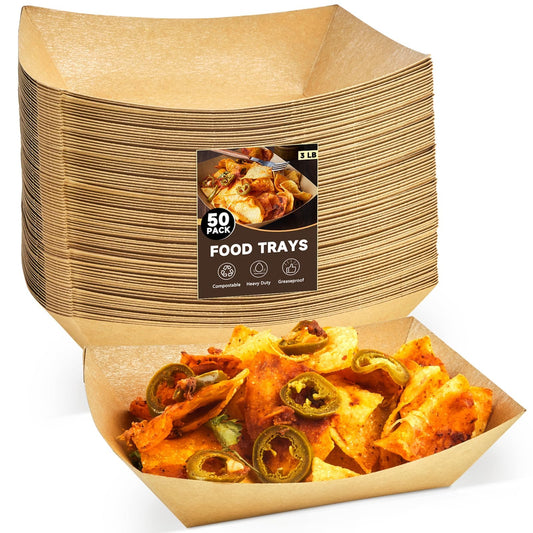 ZORRITA 3 Lb Paper Food Trays - 50 Pack Disposable Nacho Trays, Kraft Paper Food Boats Taco Holders Party Serving Baskets for Hot Dogs Snacks Tacos Fries