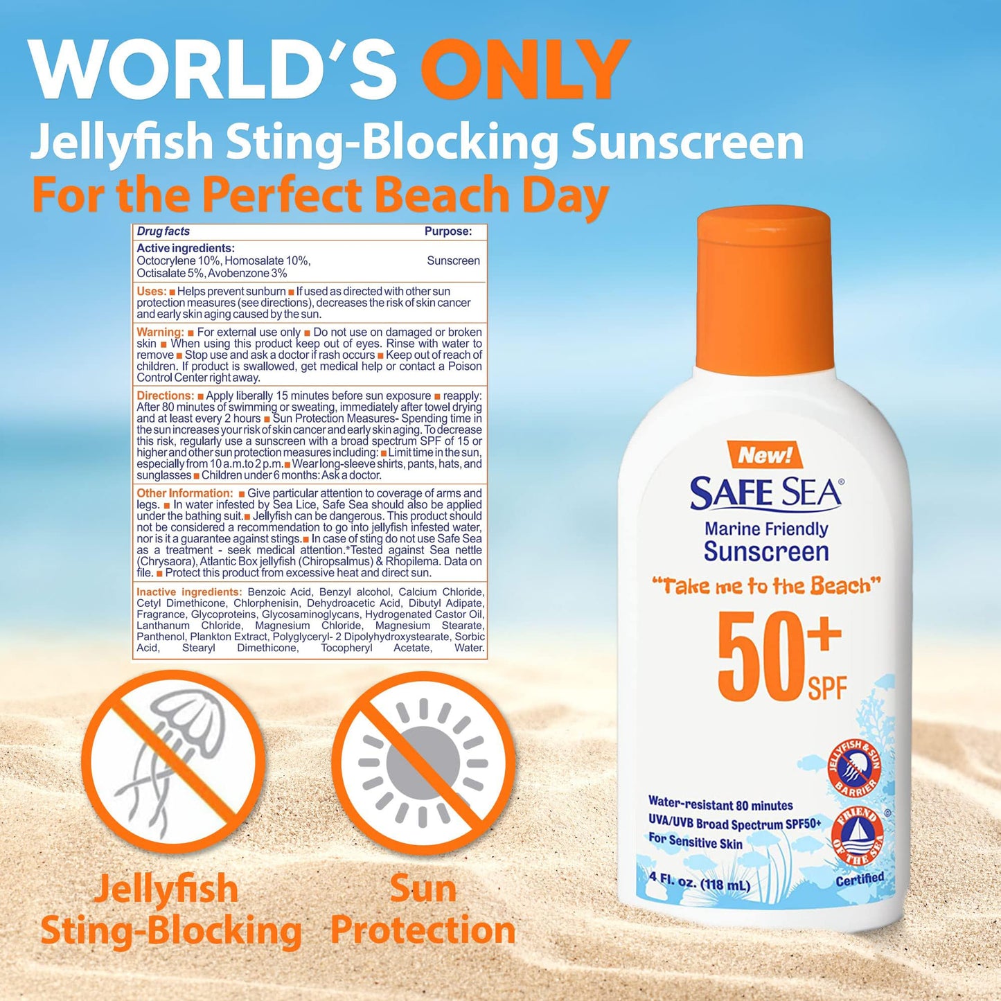 Safe Sea Jellyfish Sting-Blocking Sunscreen, SPF 50+ Lotion 4oz, Waterproof, Biodegradable, Coral Reef-Safe – Body and Face Sunscreen, Anti-Jellyfish and Sea-Lice sting protection.