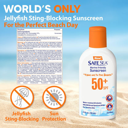 Safe Sea Jellyfish Sting-Blocking Sunscreen, SPF 50+ Lotion 4oz, Waterproof, Biodegradable, Coral Reef-Safe – Body and Face Sunscreen, Anti-Jellyfish and Sea-Lice sting protection.