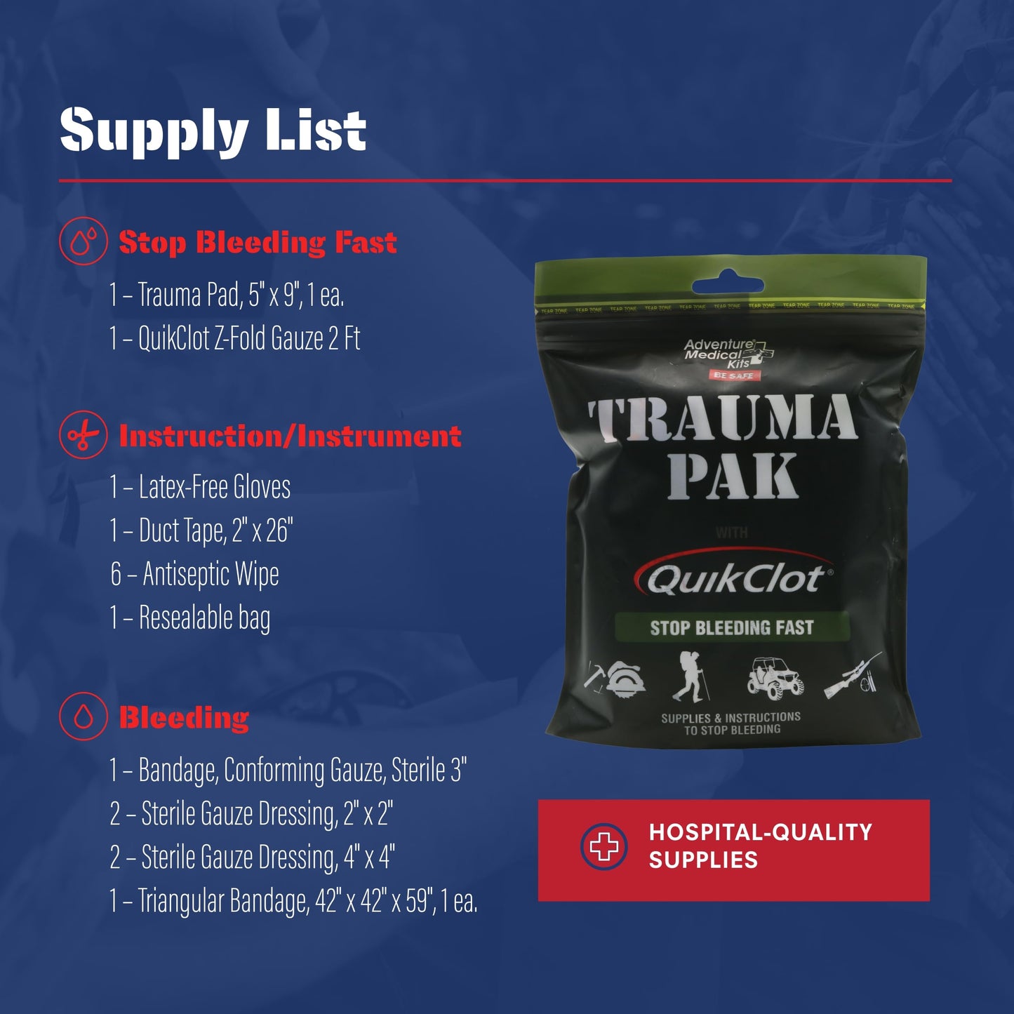 Adventure Medical Kit Trauma Pak First Aid Kit with QuikClot - First Aid Kit for Emergency Supplies, Camping Essentials & More - Compact Trauma Kit with Gloves, Alcohol Swabs, Bandages & More