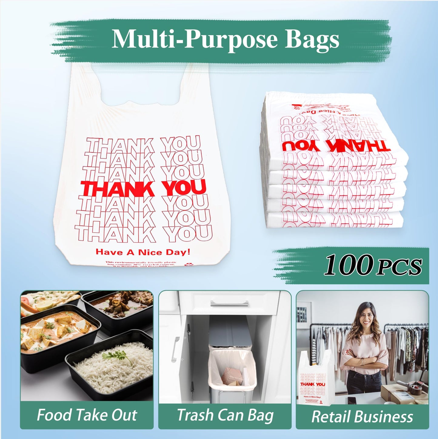 YoYoRain White Thank you T shirt bag, Grocery shopping bag Reusable and Disposable Supermarket Bag 11''x6''x21'' 100PCS